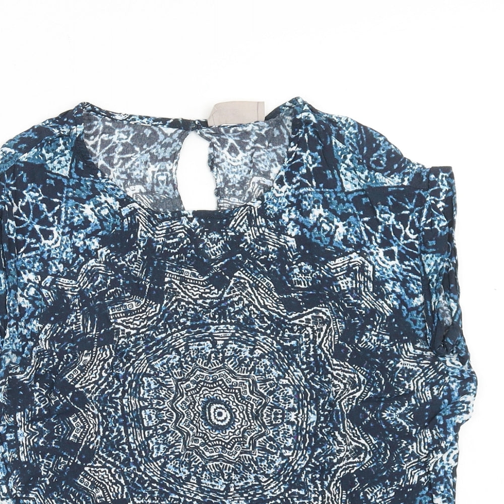 Label Lab Womens Blue Geometric Viscose Basic Blouse Size S Round Neck