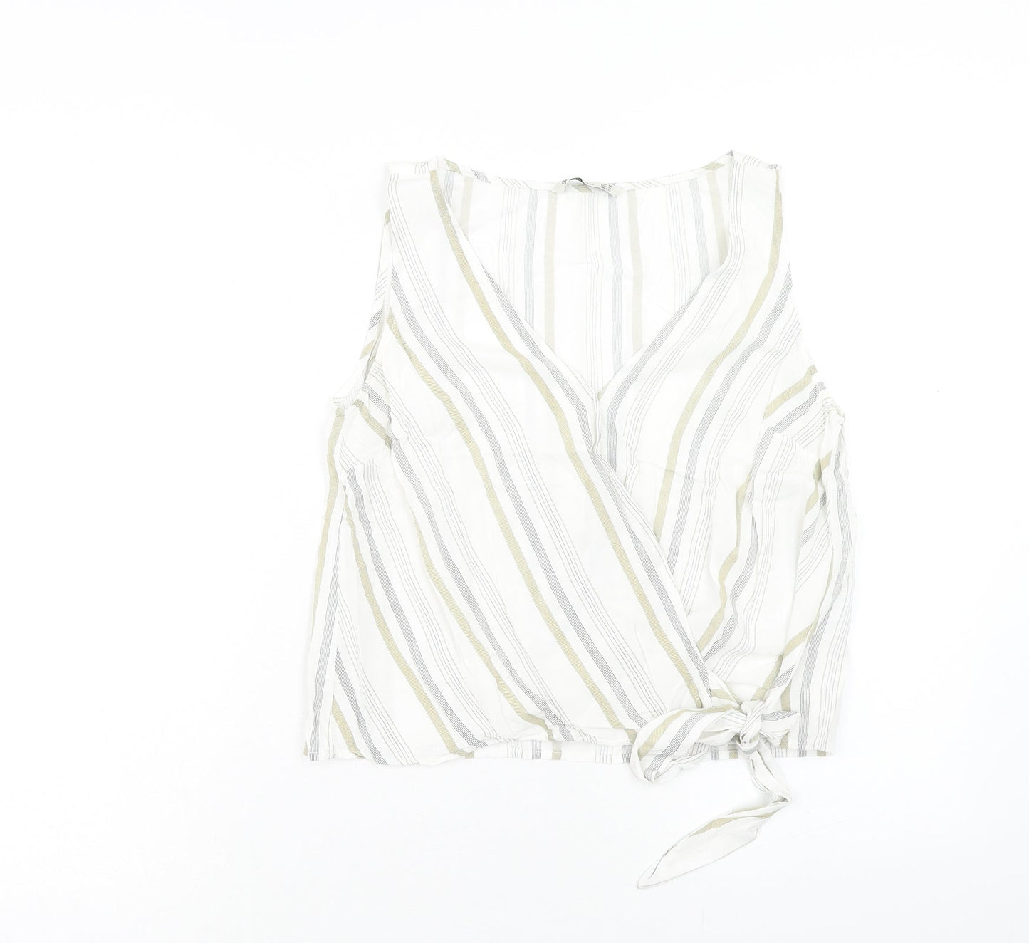 Stradivarius Womens White Striped Viscose Cropped Tank Size M V-Neck