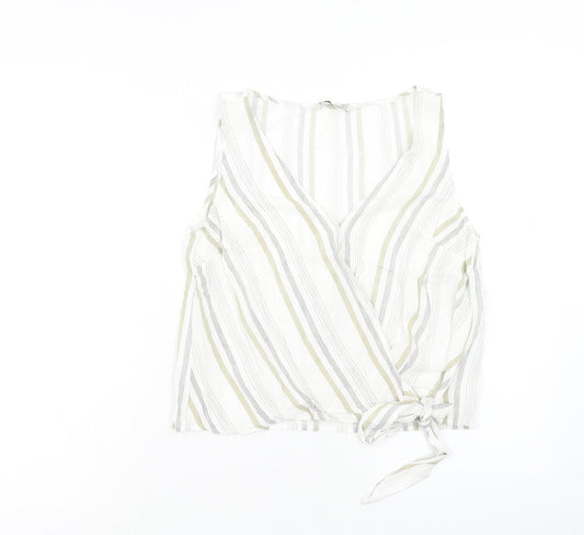 Stradivarius Womens White Striped Viscose Cropped Tank Size M V-Neck