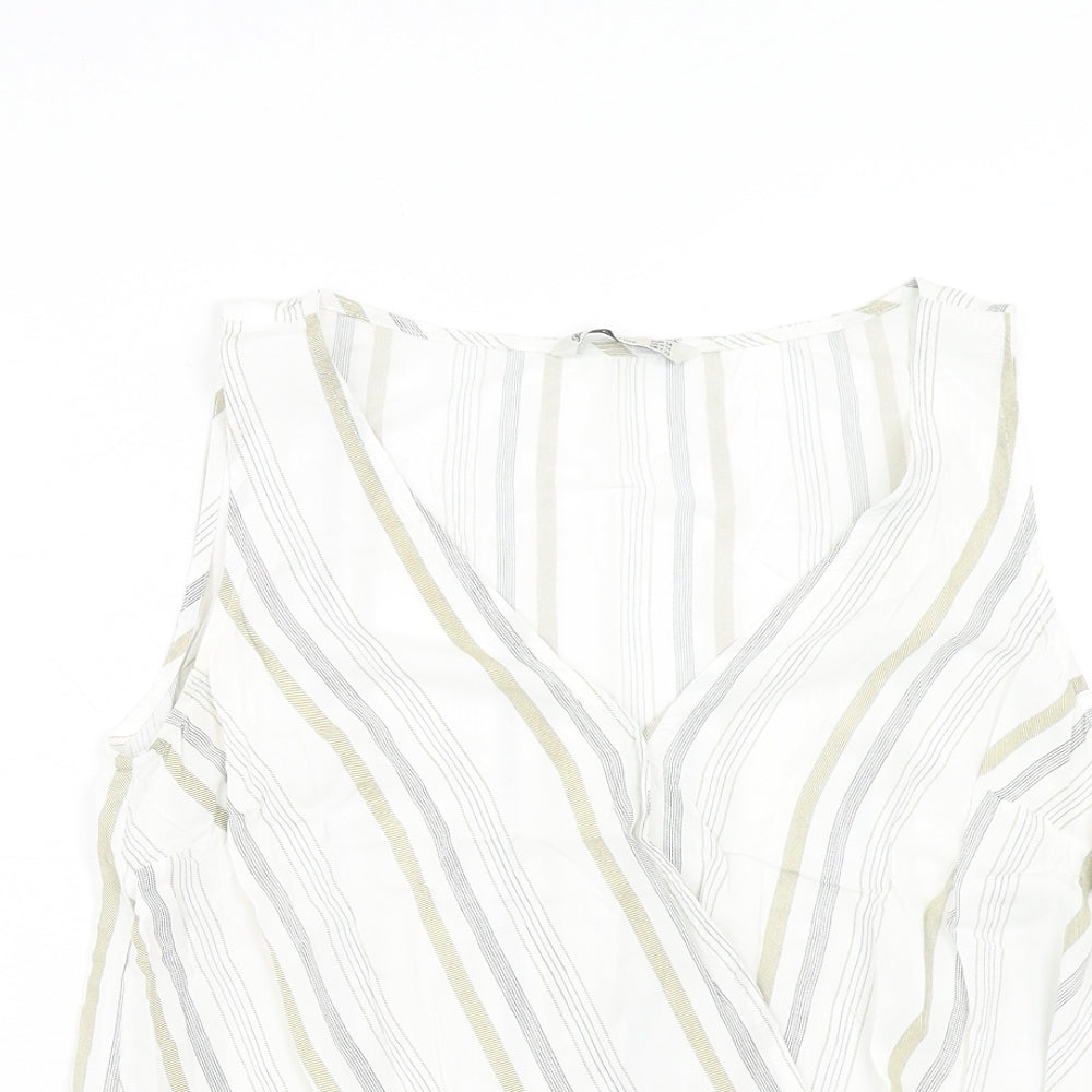 Stradivarius Womens White Striped Viscose Cropped Tank Size M V-Neck