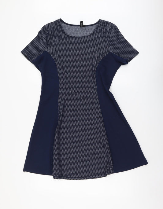 Izabel Womens Blue Geometric Polyester Fit & Flare Size 14 Round Neck Pullover