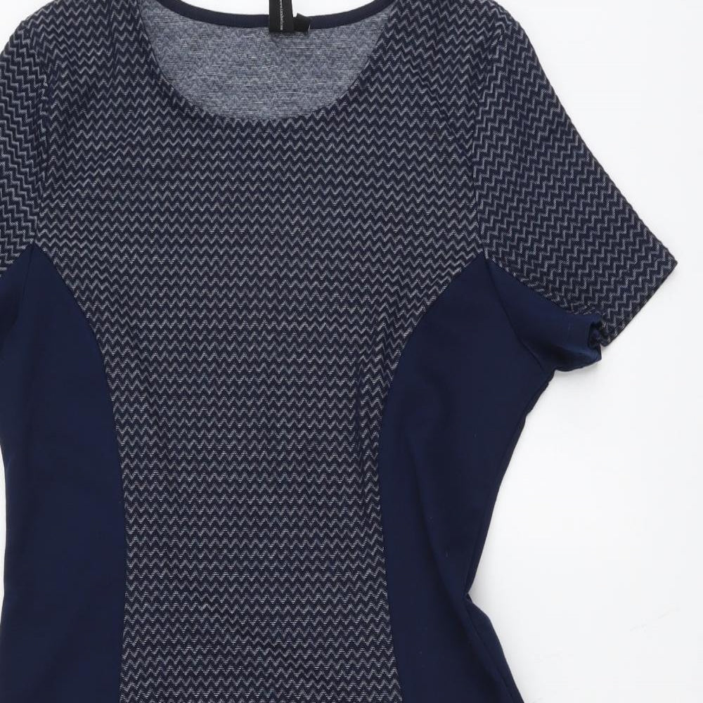 Izabel Womens Blue Geometric Polyester Fit & Flare Size 14 Round Neck Pullover