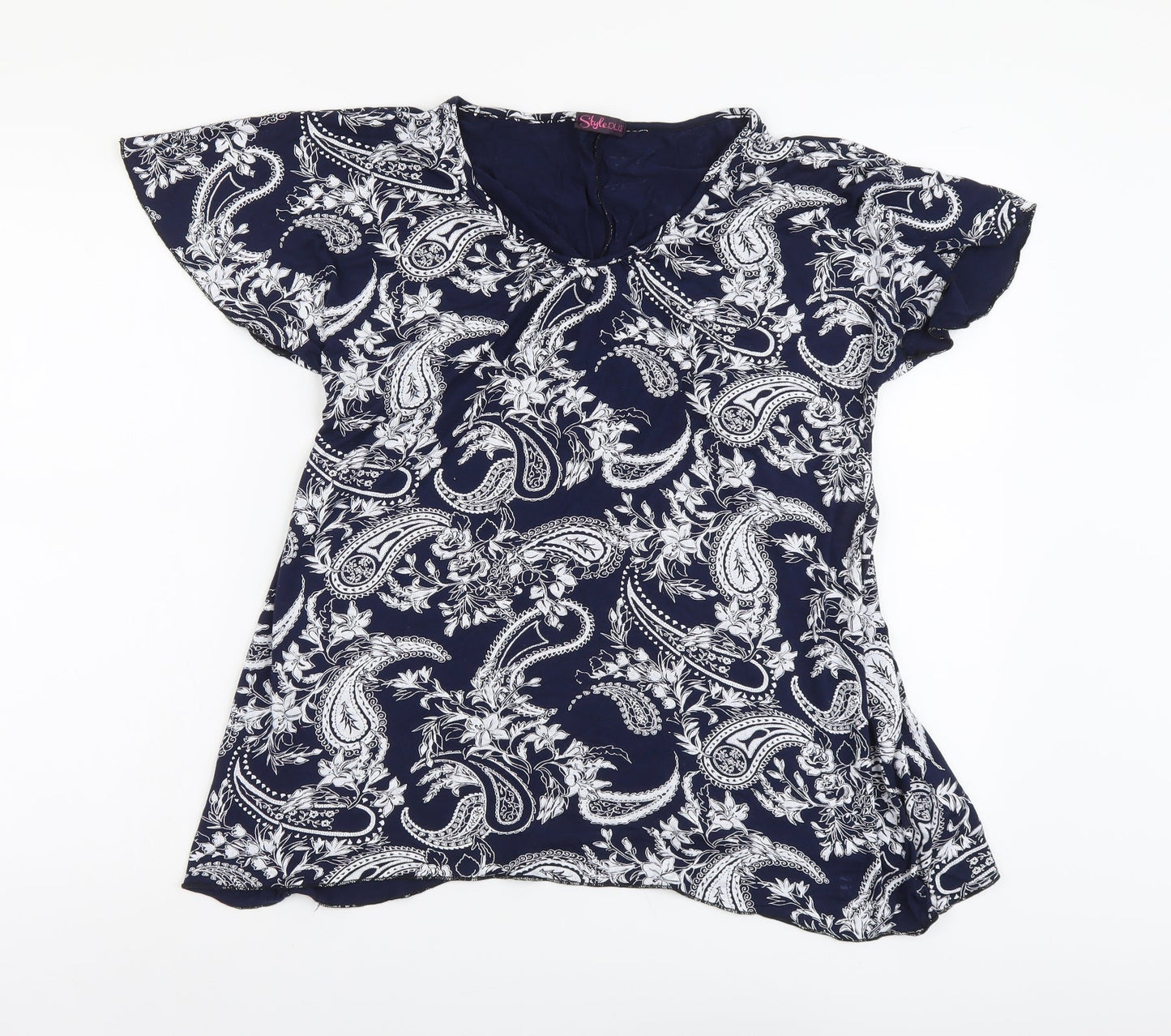 Style Plus Womens Blue Geometric Viscose Basic T-Shirt Size M Round Neck