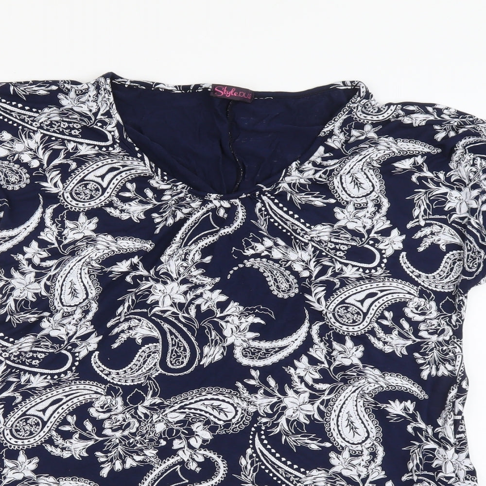 Style Plus Womens Blue Geometric Viscose Basic T-Shirt Size M Round Neck
