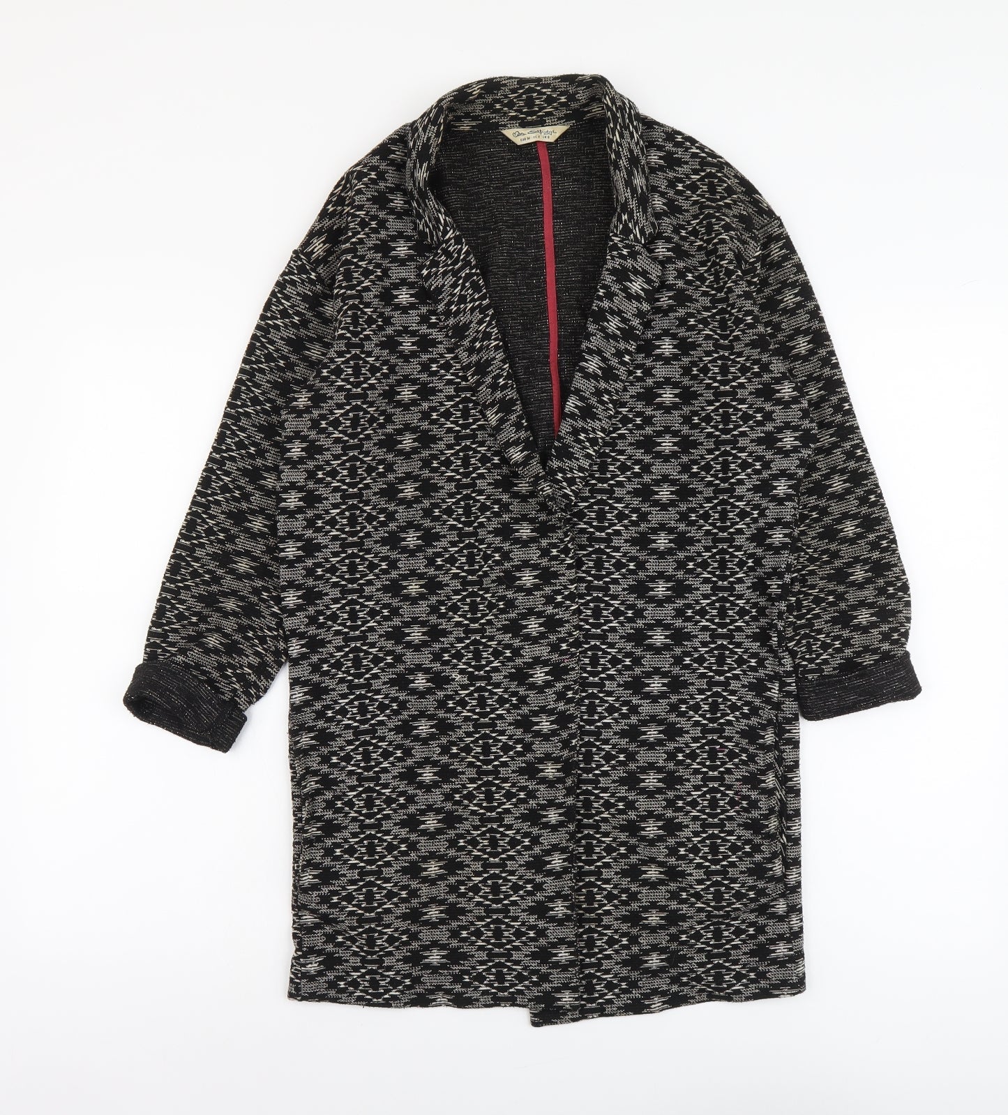 Miss Selfridge Womens Black Geometric Overcoat Coat Size 8 Hook & Eye