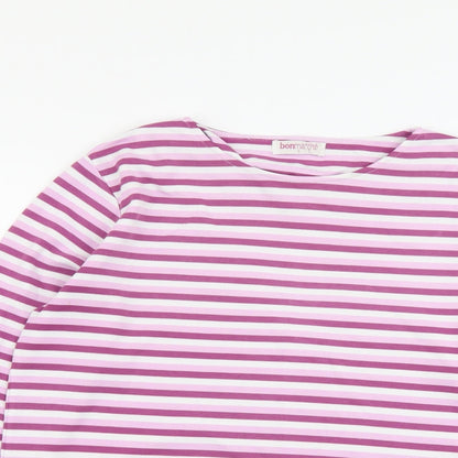 Bonmarché Womens Purple Striped Polyester Basic T-Shirt Size S Round Neck
