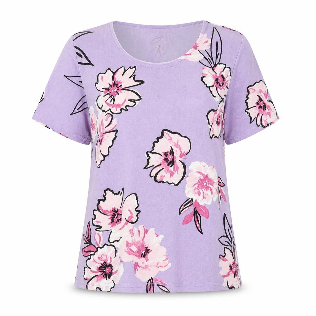 Julipa Womens Purple Floral Polyester Basic T-Shirt Size 8 Round Neck