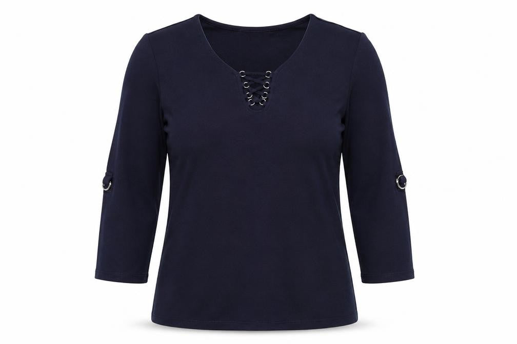 Rockmans Womens Blue Polyester Basic T-Shirt Size S V-Neck