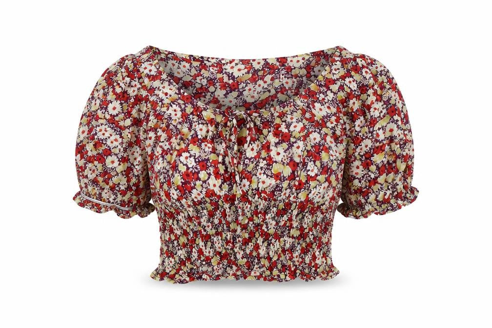 Motel Rocks Womens Multicoloured Geometric Viscose Cropped T-Shirt Size S Square Neck