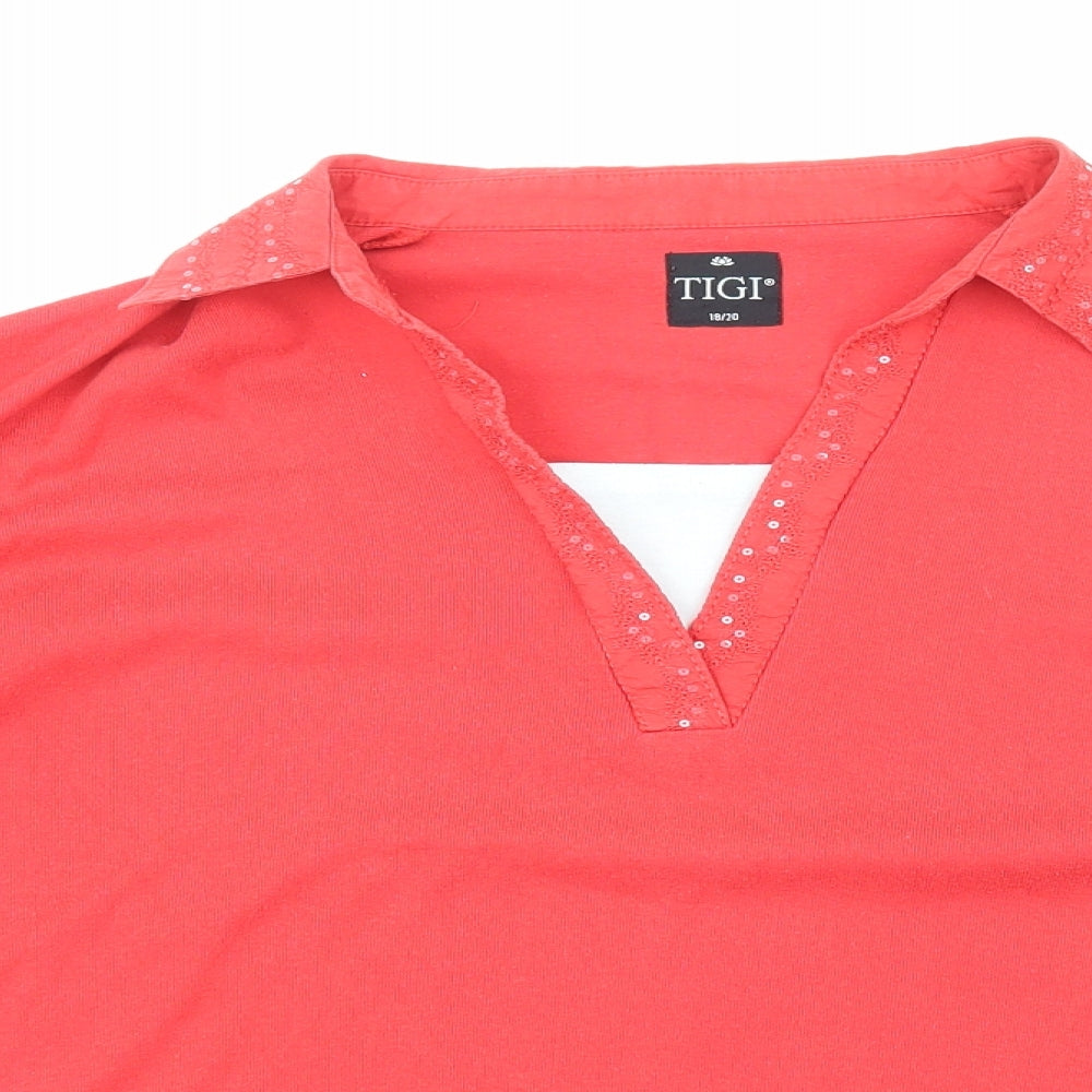 TIGI Womens Red Polyester Basic T-Shirt Size 18 Collared