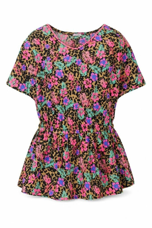 FREESPIRIT Girls Brown Floral Polyester Basic Blouse Size 9-10 Years V-Neck Pullover