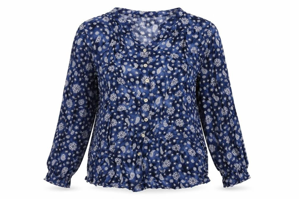 Dorocci Womens Blue Geometric Viscose Basic Button-Up Size 2XL Collared