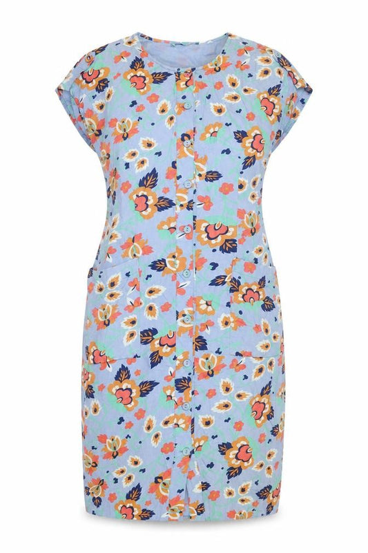 Fever Womens Blue Floral Cotton T-Shirt Dress Size 12 Round Neck Button