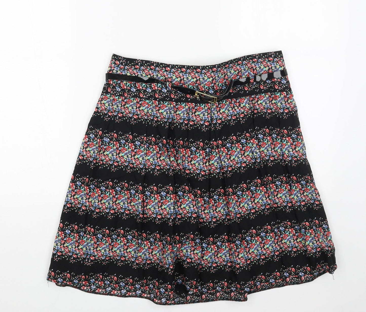 Dorothy Perkins Womens Black Floral Cotton Skater Skirt Size 10 Zip - Belt Inlcuded