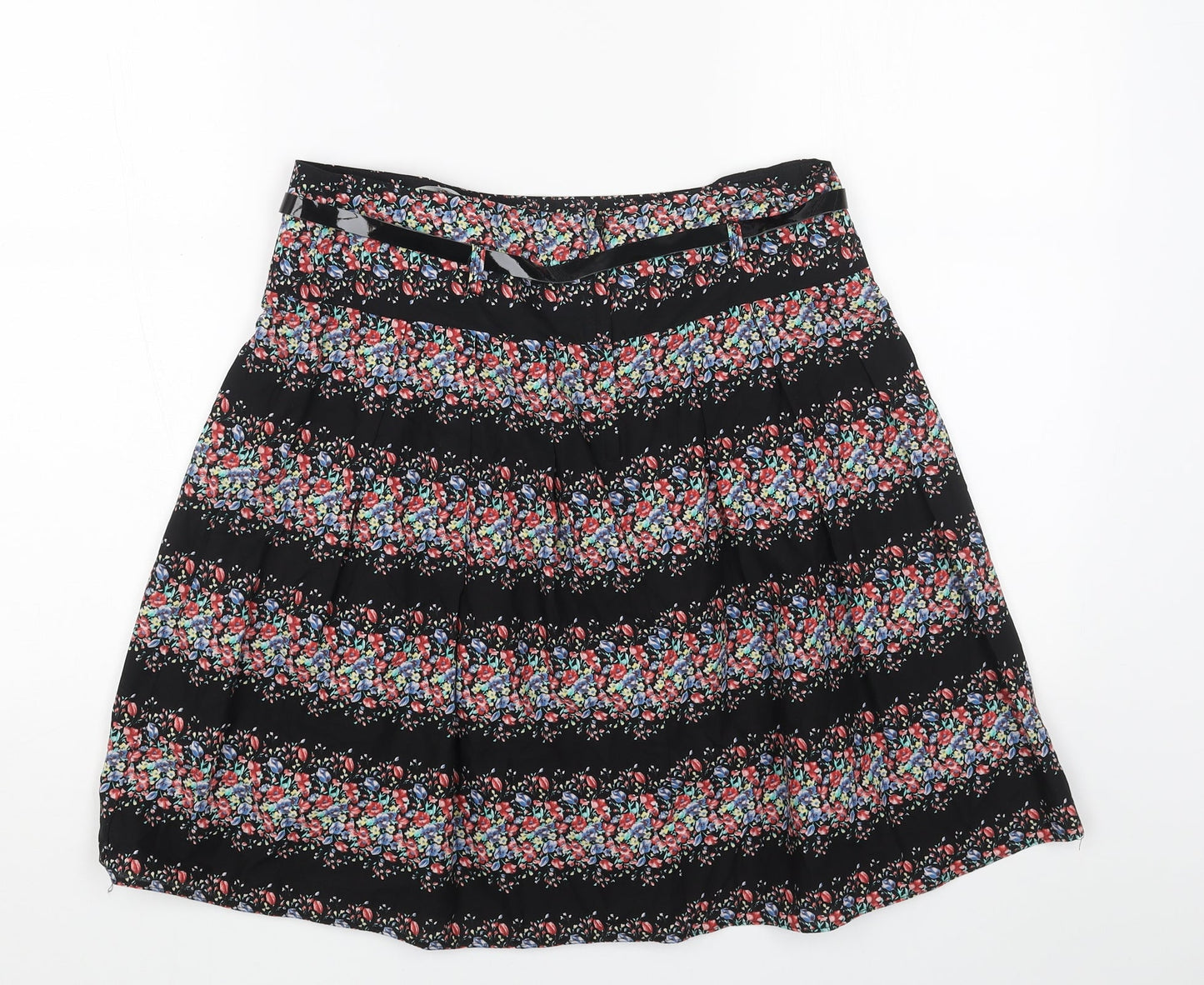 Dorothy Perkins Womens Black Floral Cotton Skater Skirt Size 10 Zip - Belt Inlcuded