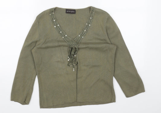 Principles Womens Green V-Neck Cotton Pullover Jumper Size 14