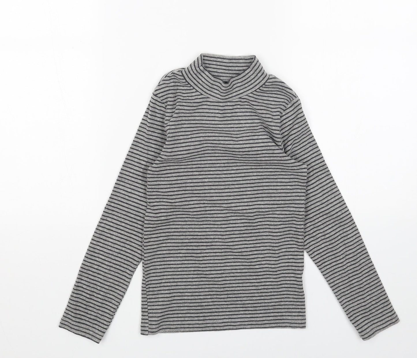 NEXT Girls Grey Striped Cotton Basic T-Shirt Size 8 Years High Neck Pullover