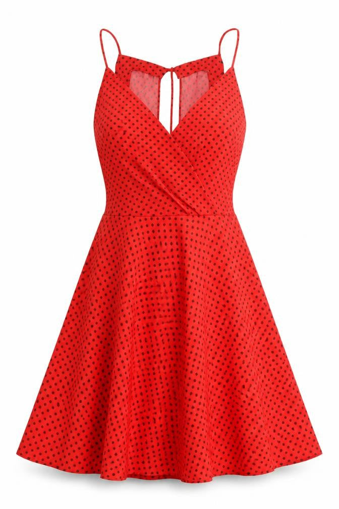Zara Womens Red Polka Dot Polyester Fit & Flare Size S V-Neck Zip