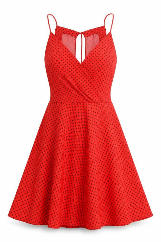 Zara Womens Red Polka Dot Polyester Fit & Flare Size S V-Neck Zip
