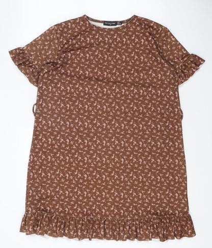PRETTYLITTLETHING Womens Brown Geometric Polyester A-Line Size 10 Round Neck Pullover