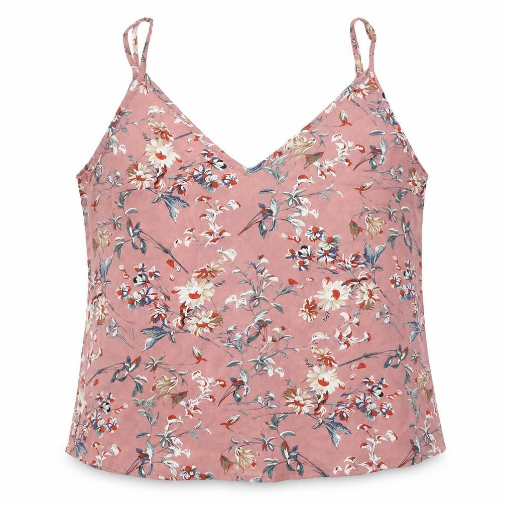 SheIn Womens Pink Floral Polyester Basic Tank Size L V-Neck