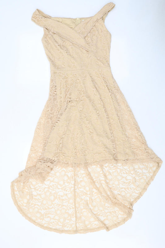 Homrain Womens Beige Floral Nylon Fit & Flare Size S Off the Shoulder Zip