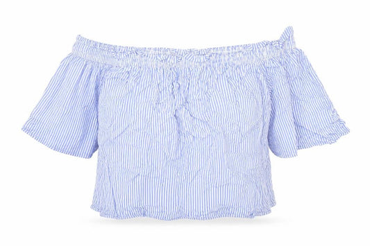 Marks and Spencer Womens Blue Striped Viscose Cropped Blouse Size 14 Off the Shoulder