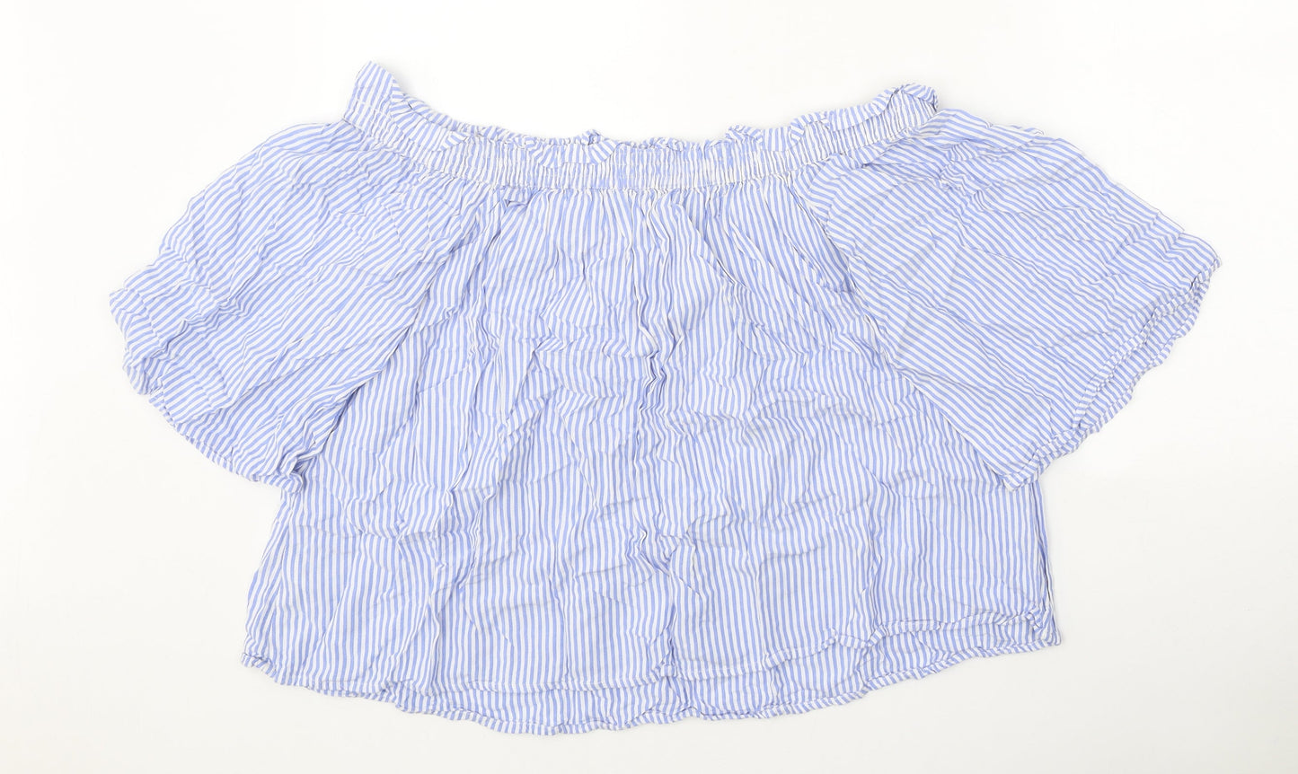 Marks and Spencer Womens Blue Striped Viscose Cropped Blouse Size 14 Off the Shoulder