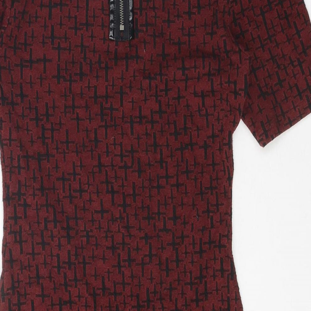 Topshop Womens Red Geometric Cotton Pencil Dress Size 10 Scoop Neck Zip - Cross Print, Leatherette Trim