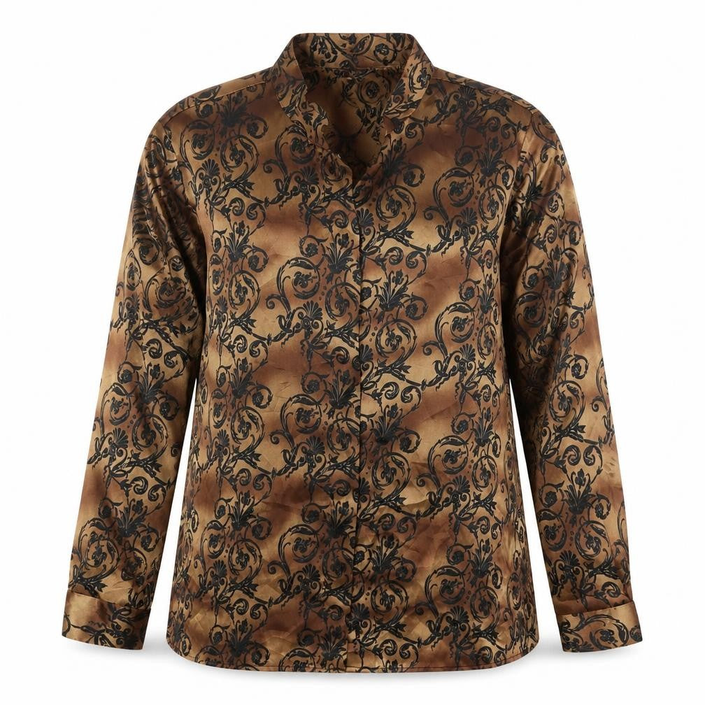 Notations Womens Brown Geometric Polyester Basic Button-Up Size 16 V-Neck