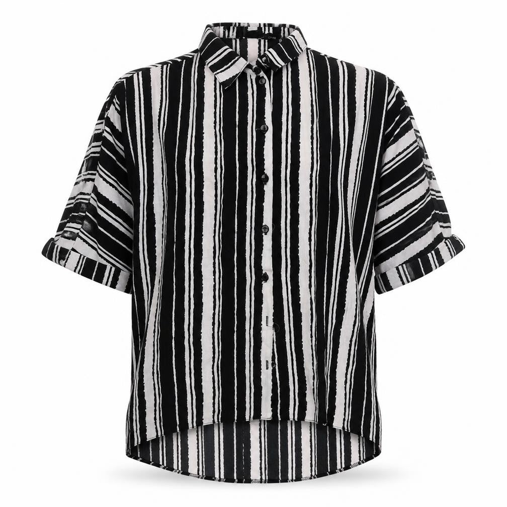 New Look Womens Black Striped Polyester Basic Button-Up Size 8 V-Neck - Cold Shoulder