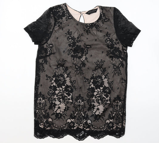 NEXT Womens Black Floral Polyester Basic T-Shirt Size 10 Round Neck - Lace Overlay