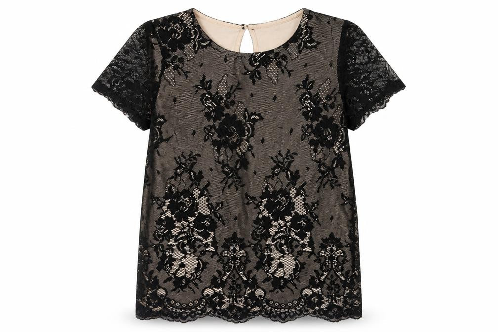 NEXT Womens Black Floral Polyester Basic T-Shirt Size 10 Round Neck - Lace Overlay