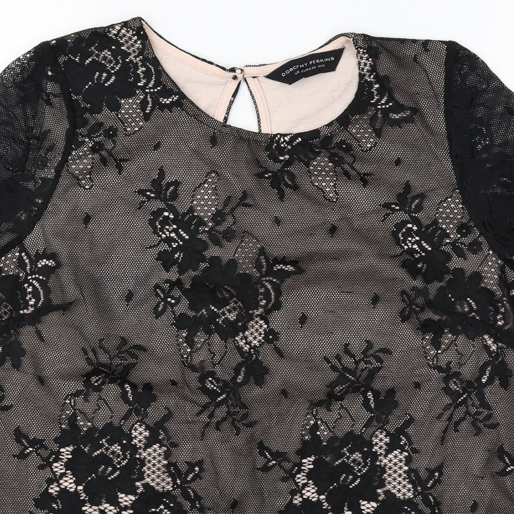 NEXT Womens Black Floral Polyester Basic T-Shirt Size 10 Round Neck - Lace Overlay