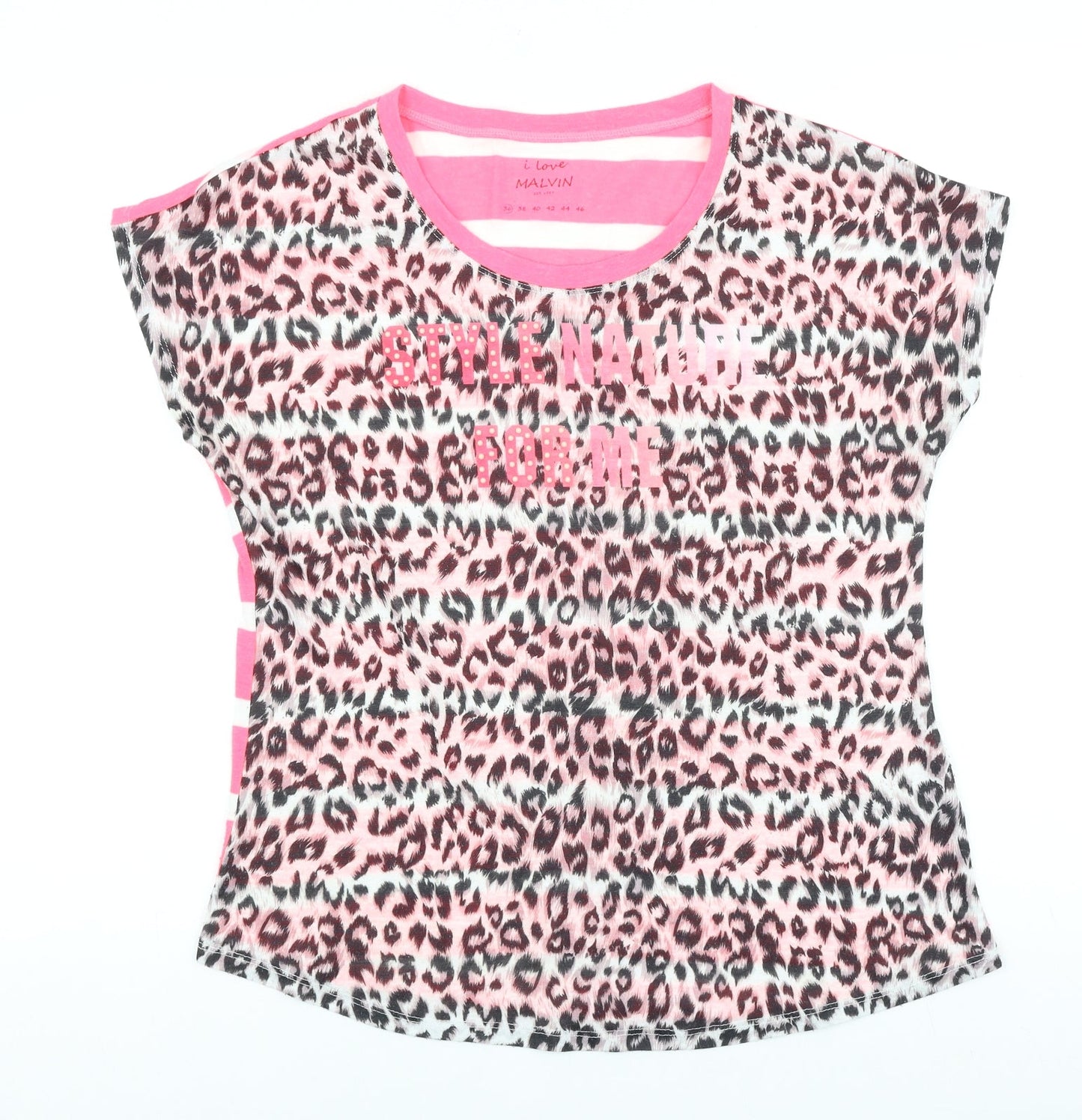 Preworn Womens Brown Animal Print Polyester Basic T-Shirt Size 36 Round Neck