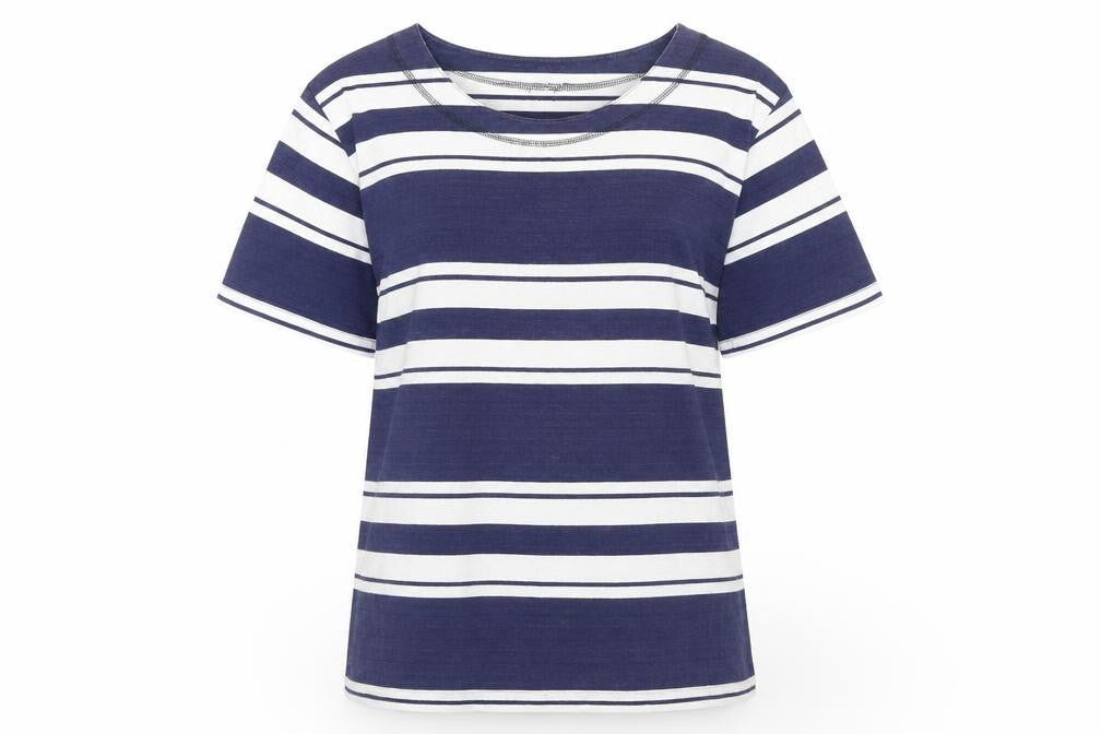 Pamplemousse Womens Blue Striped 100% Cotton Basic T-Shirt Size 10 Round Neck