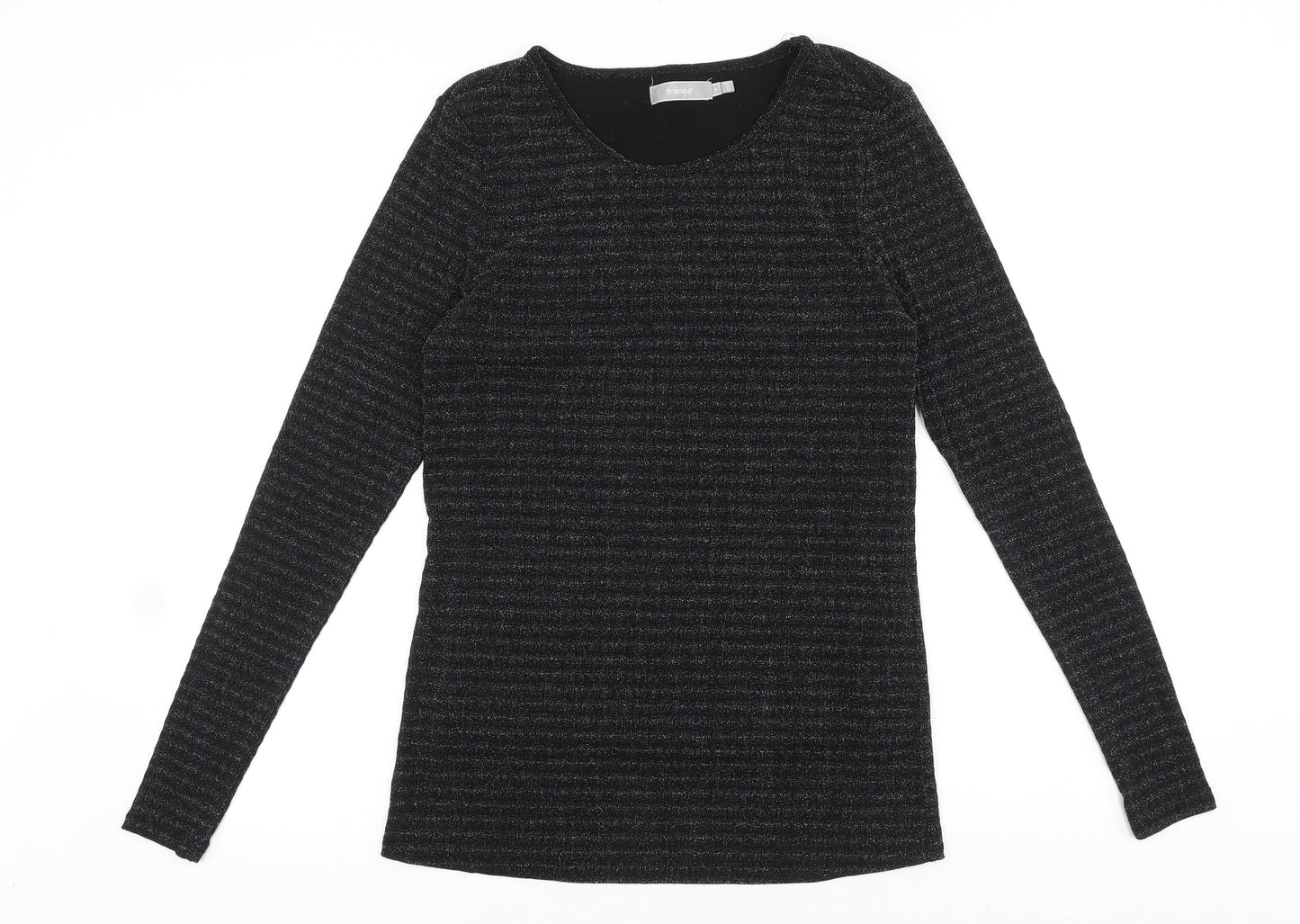 Fransa Womens Black Striped Viscose Basic T-Shirt Size M Round Neck