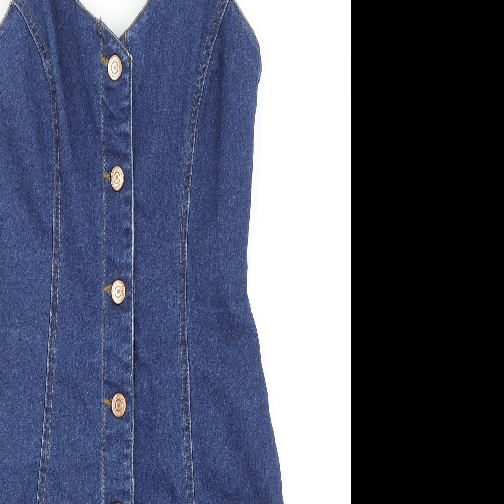 New Look Womens Blue Cotton Bodycon Size 6 V-Neck Button