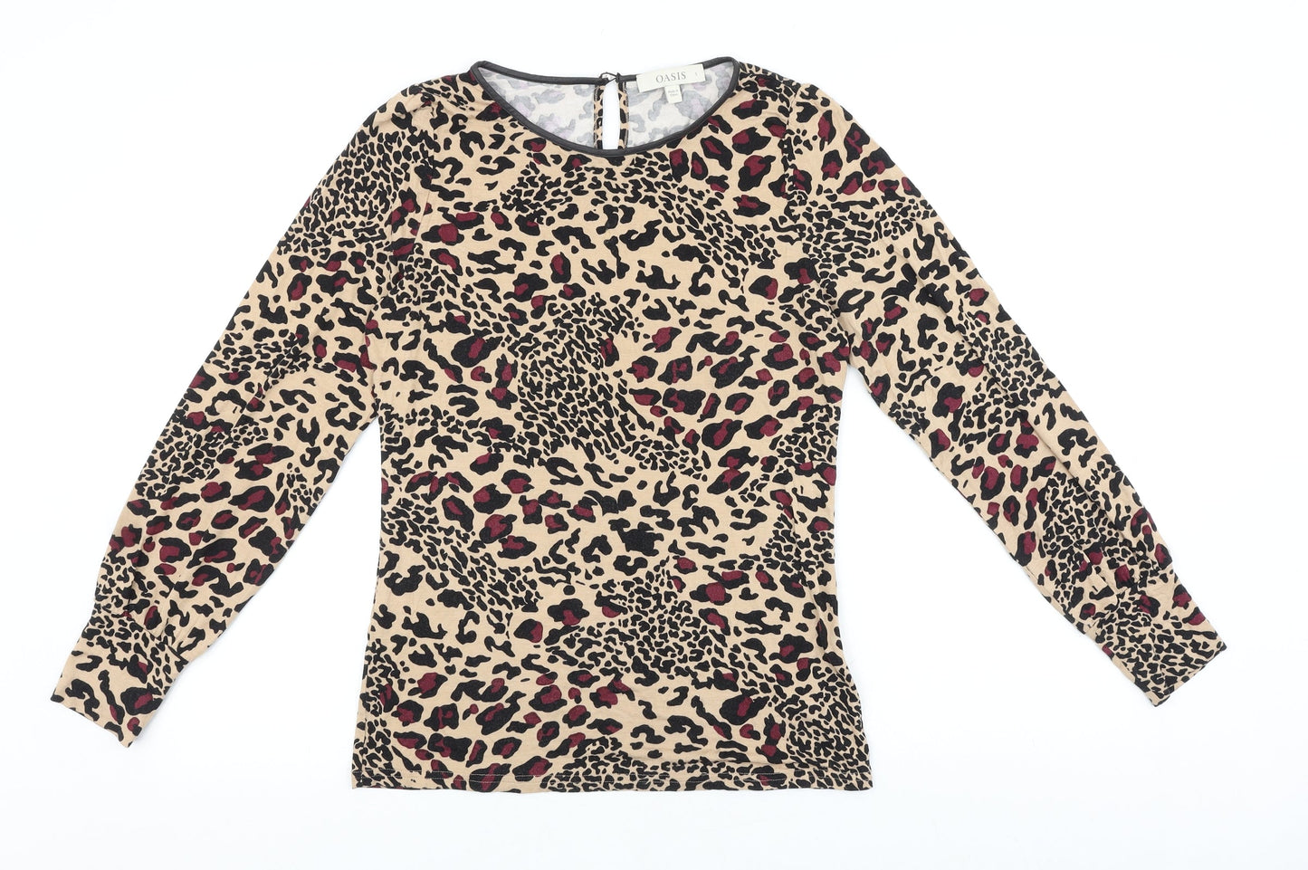 Oasis Womens Brown Animal Print Viscose Basic Blouse Size S Boat Neck - Leopard Print