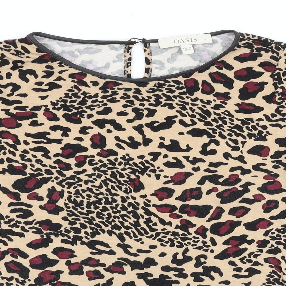 Oasis Womens Brown Animal Print Viscose Basic Blouse Size S Boat Neck - Leopard Print