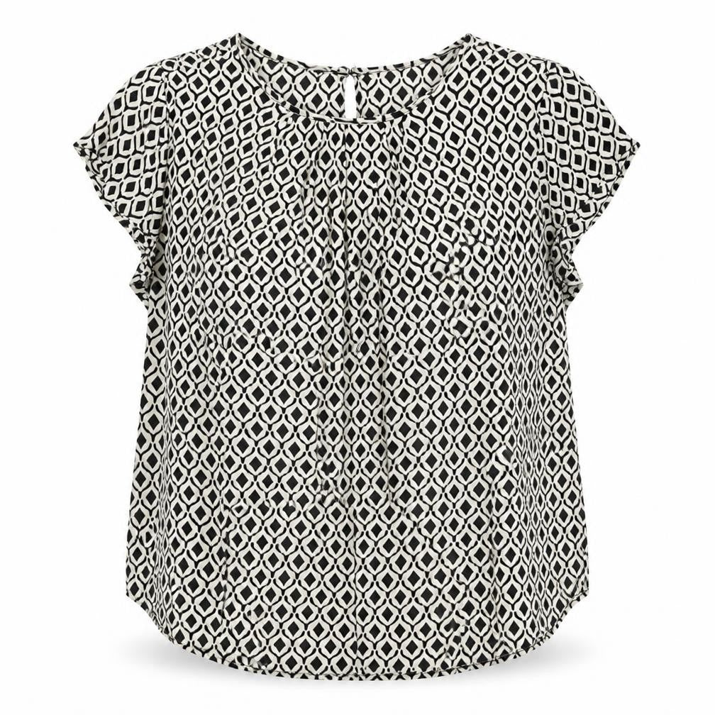 H&M Womens White Geometric Viscose Basic Blouse Size 8 Round Neck