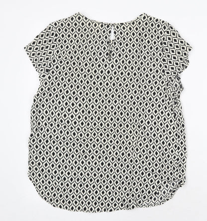 H&M Womens White Geometric Viscose Basic Blouse Size 8 Round Neck