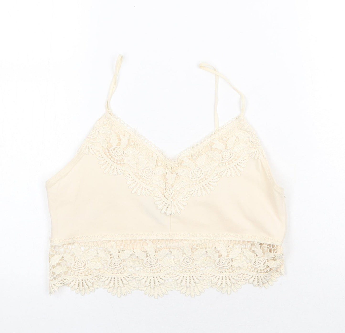 Topshop Womens Beige Cotton Cropped Tank Size 10 V-Neck - Lace Detail