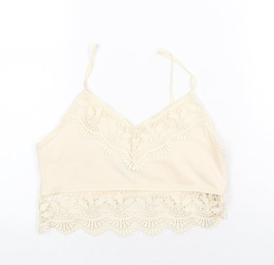 Topshop Womens Beige Cotton Cropped Tank Size 10 V-Neck - Lace Detail