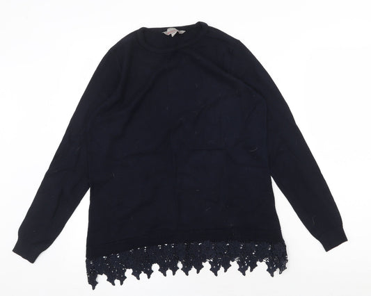 Dorothy Perkins Womens Blue Cotton Basic Blouse Size 12 Scoop Neck - Crochet Trim