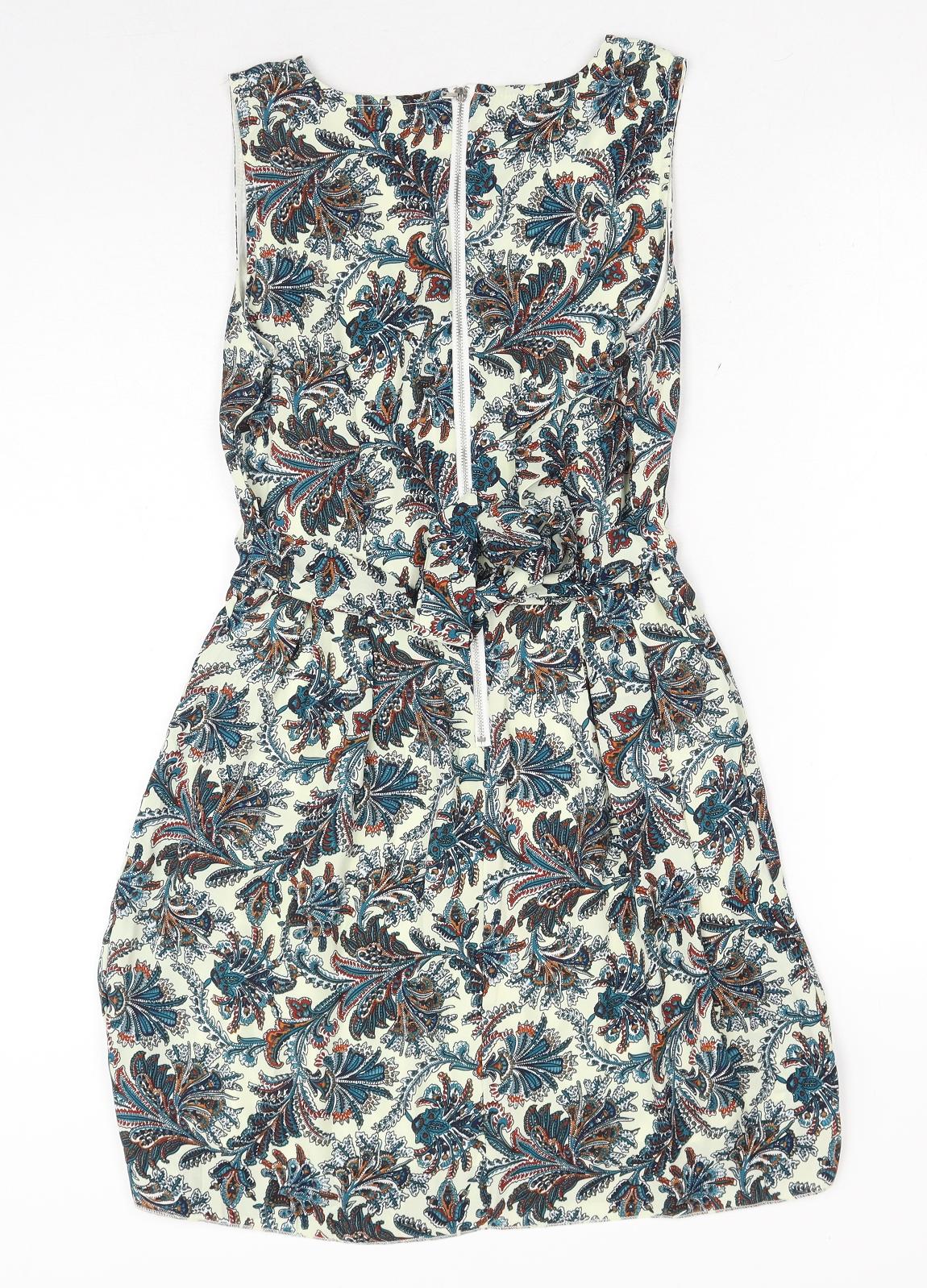 Tenki Womens Blue Floral Polyester A-Line Size 8 Round Neck Zip