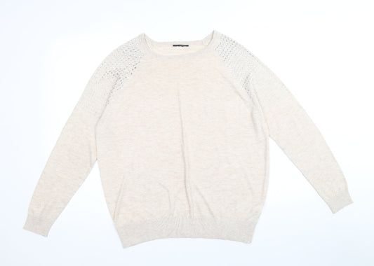 Preworn Womens Beige Scoop Neck Polyester Pullover Jumper Size 12 - Size 12-14