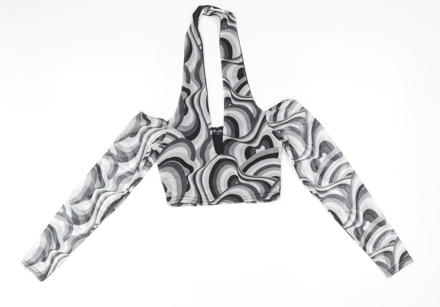 Select Womens Grey Geometric Polyester Cropped Blouse Size S Halter