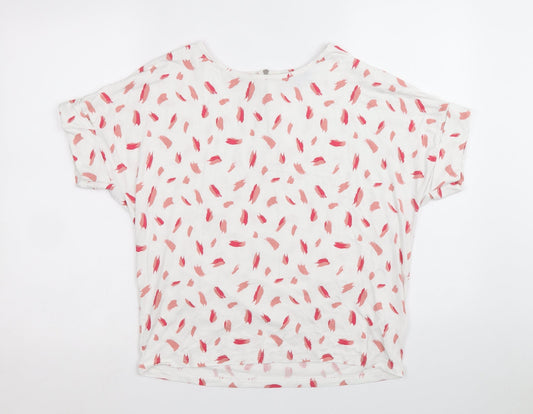 Peacocks Womens White Geometric Viscose Basic T-Shirt Size 10 Scoop Neck