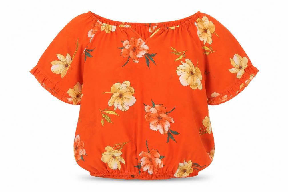 New Look Womens Orange Floral Polyester Cropped Blouse Size 12 Off the Shoulder
